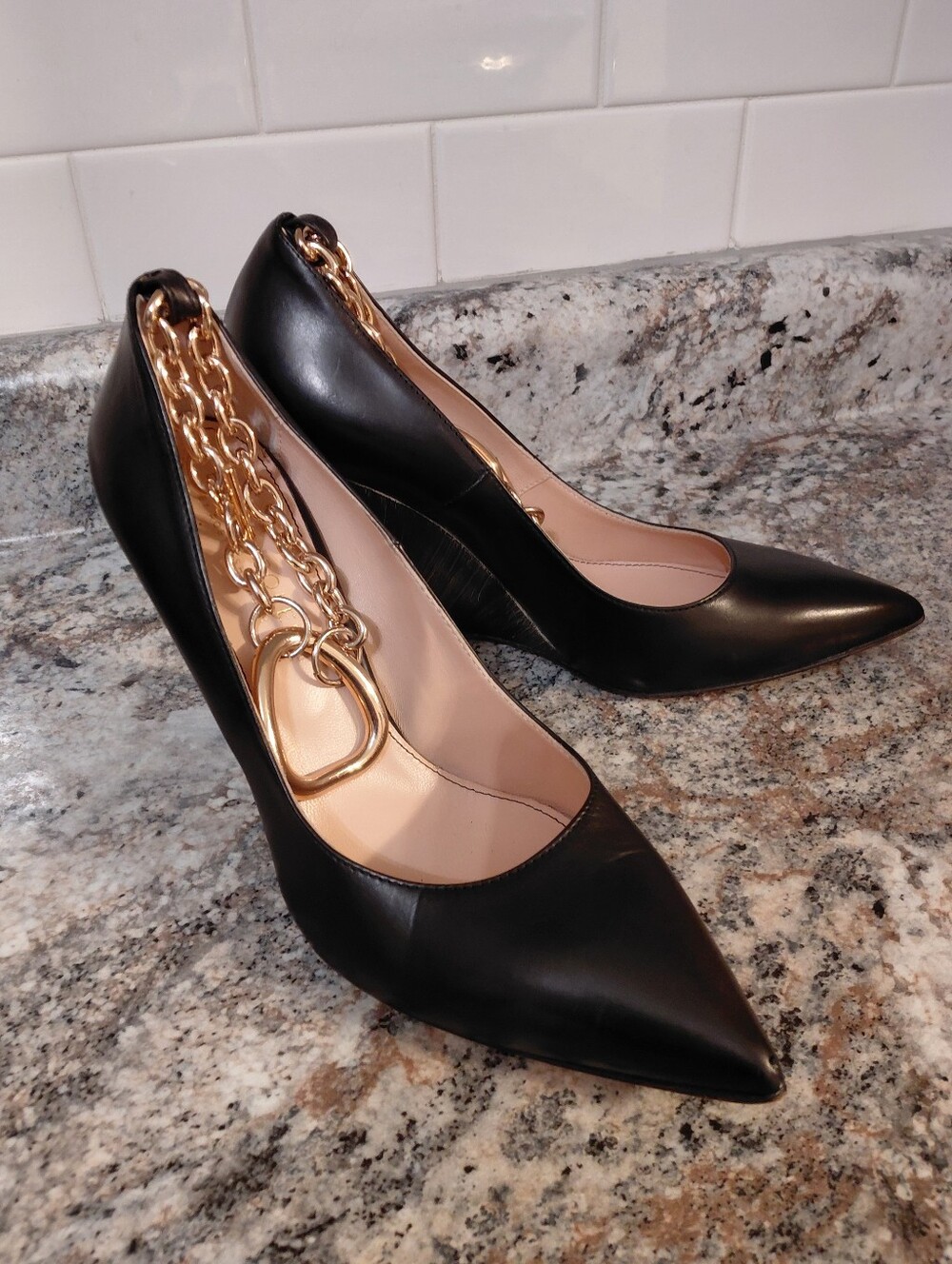 Beautiisoles Marcie Pointed-Toe Wedges with Gold Chain Detail